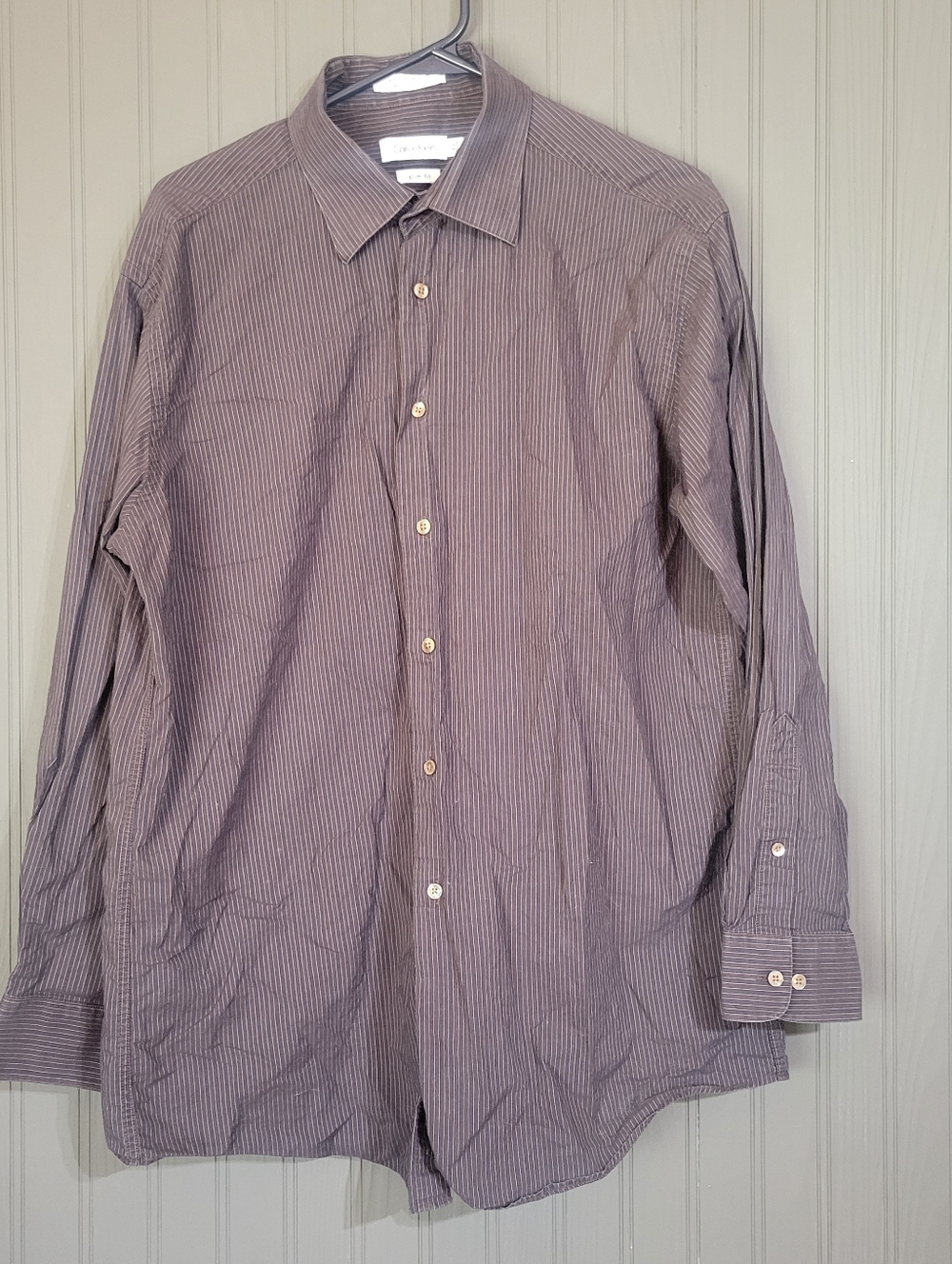 Calvin Klein Long Sleeve Button Down Shirt Slim Fit Striped Brown Men's Large
